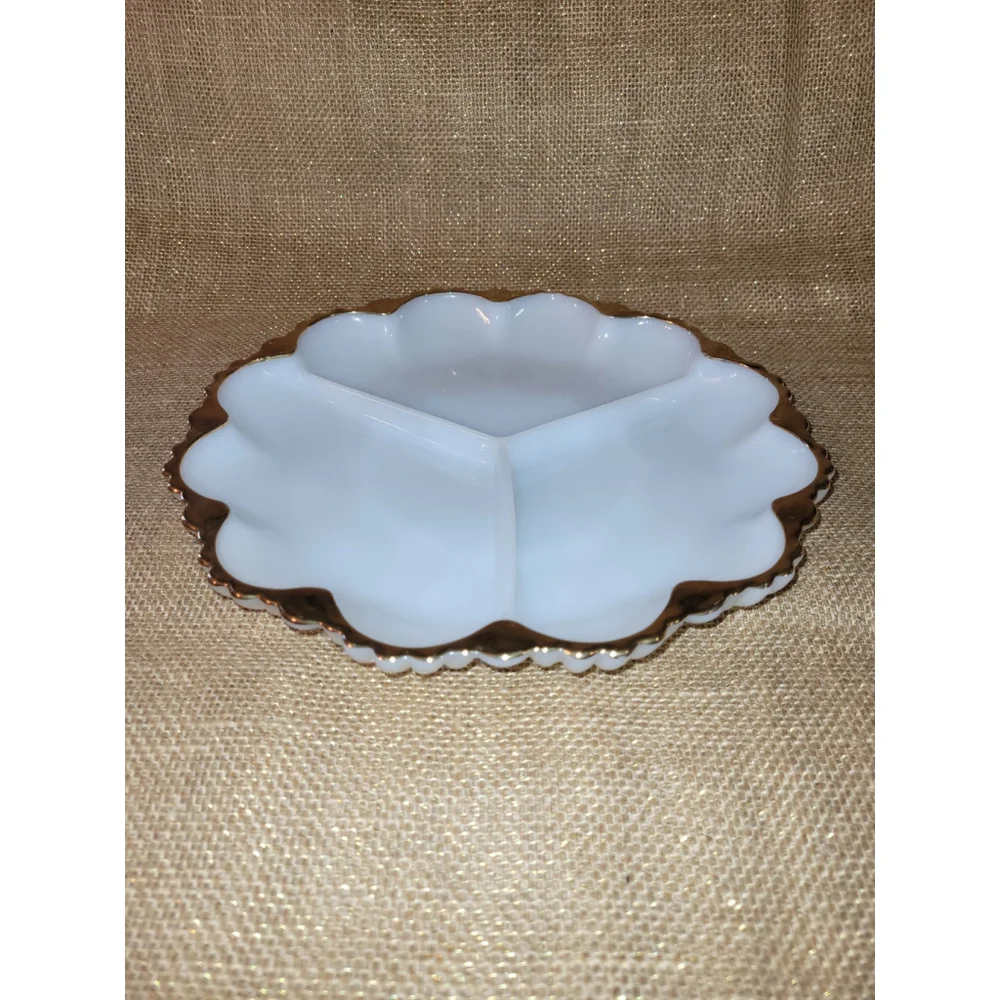 Vintage Gold Rim Scalloped Edge‎ White Milk Glass Divided Serving Platter Tray